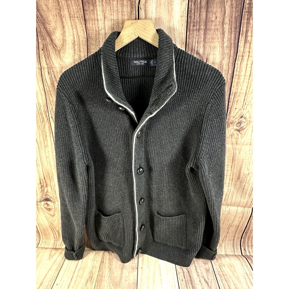 Nautica Sweater L Mens Gray Tight Knit Cardigan Button Vneck LARGE